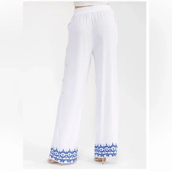 Bohemian Wide Leg Embroidered Linen Pants - Picture 4 of 4